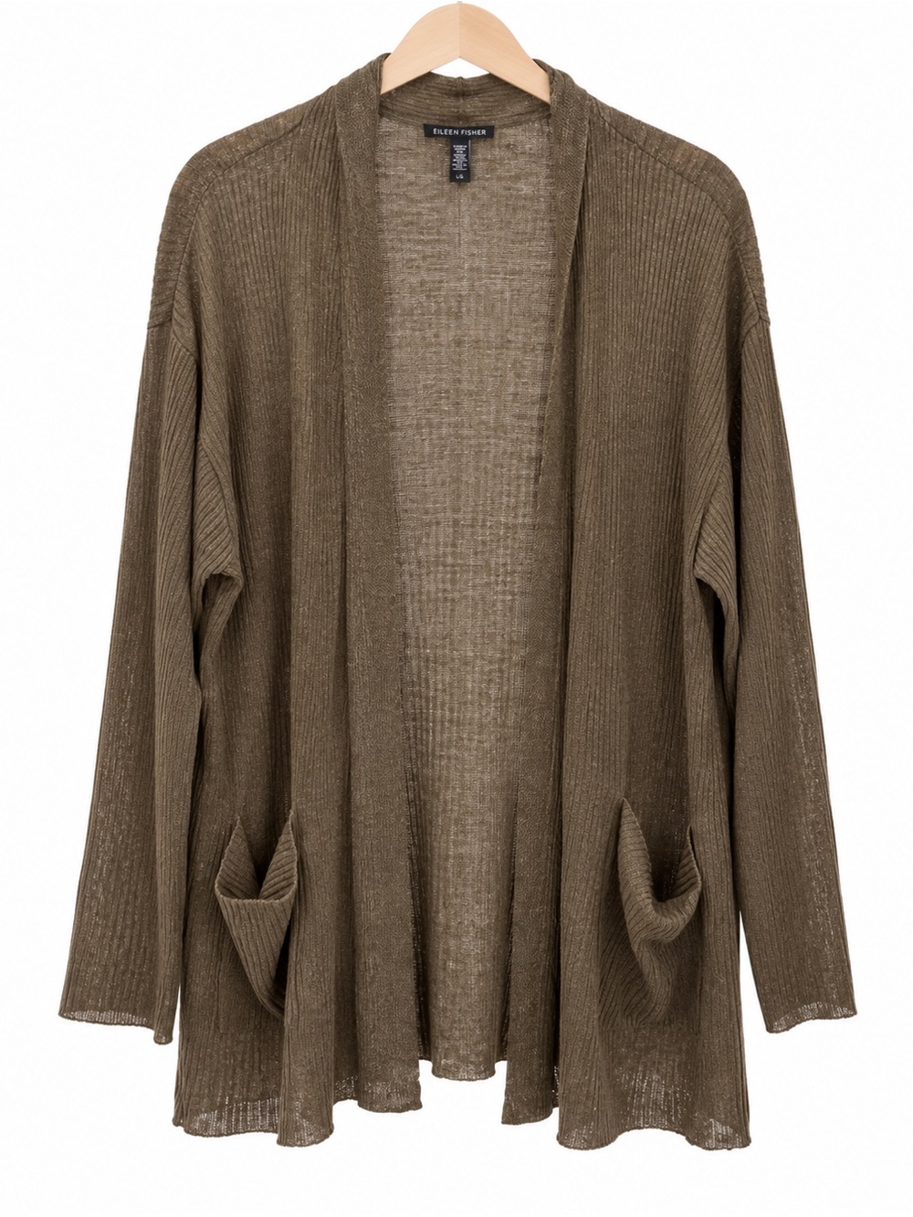 Eileen Fisher Organic Linen Open Front Cardigan in Brown, Size Large